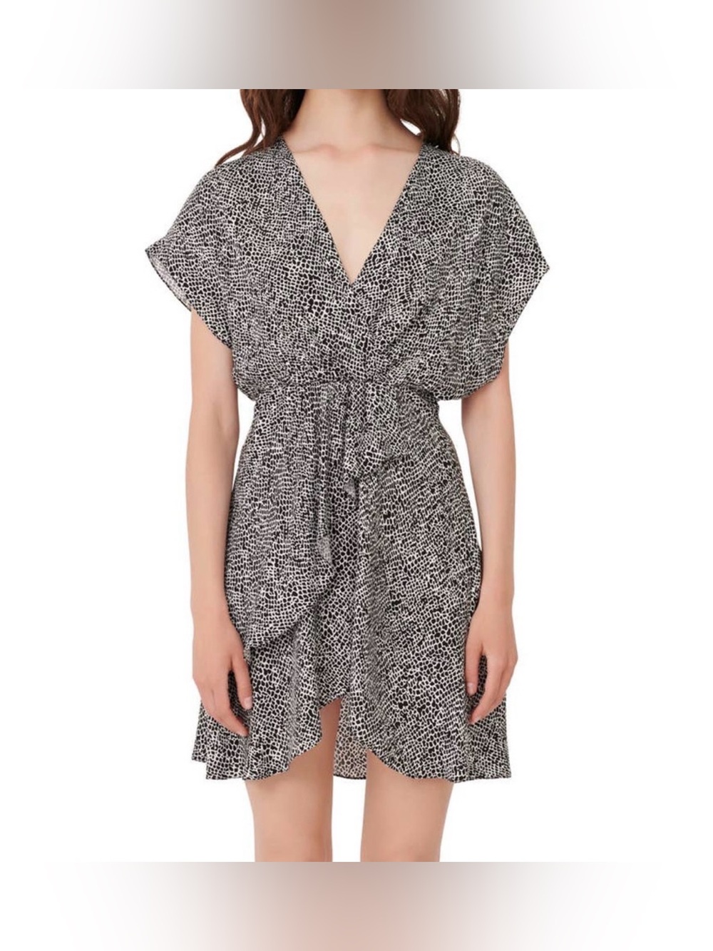 Maje Size 4 Python Blouson Mini Dress Ruffle Chiffon Faux Wrap Snake Print